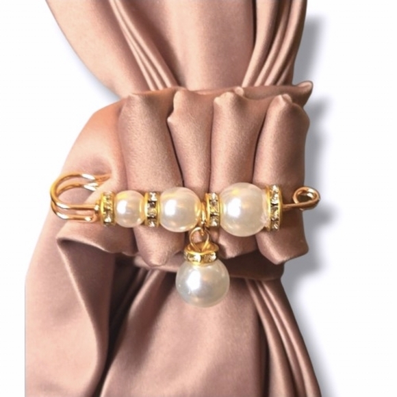 Elegant One Of A Kind Tan Satin Folded Necktie Cravat with Pearl Accents - Picture 2 of 6